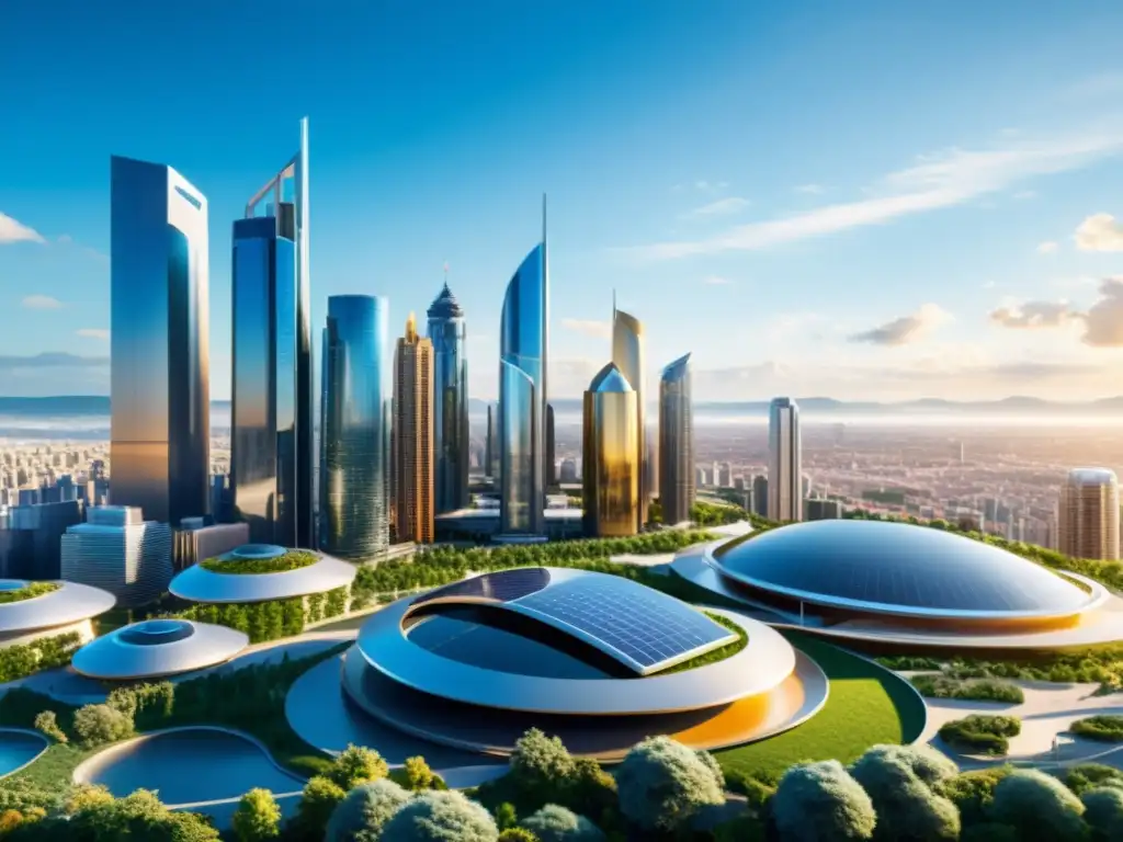 Horizonte futurista bañado en cálida luz dorada Vista de una ciudad futurista bañada por la cálida luz dorada, con rascacielos modernos y tecnología avanzada, transmitiendo progreso e innovación