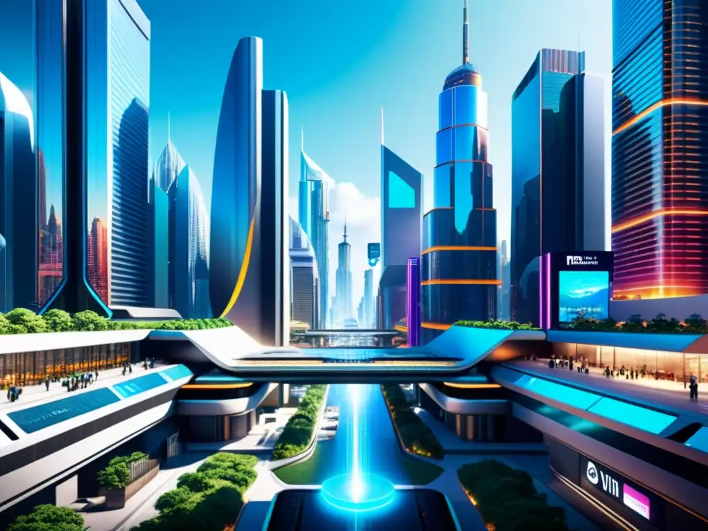 Vista 8k de una ciudad futurista con rascacielos, pasarelas y anuncios holográficos, que representa la integración de la tecnología y los aspectos legales en la narrativa transmedia de videojuegos