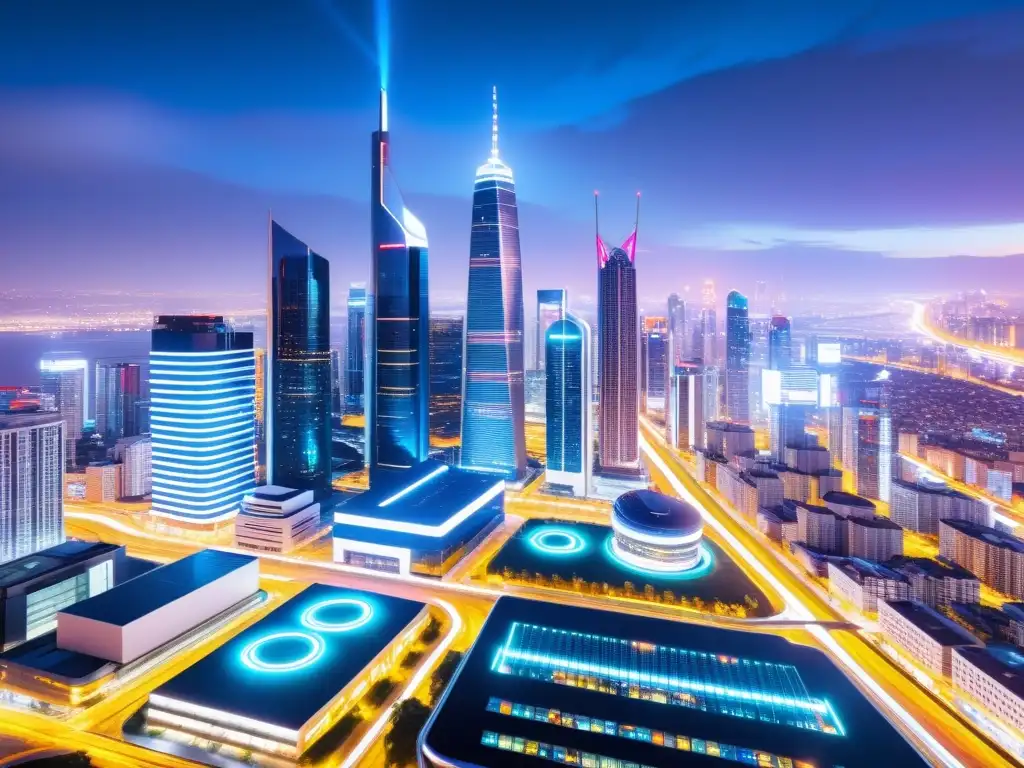 Vista de la ciudad futurista con rascacielos y tecnología avanzada, evocando normativas propiedad intelectual exportación tecnología