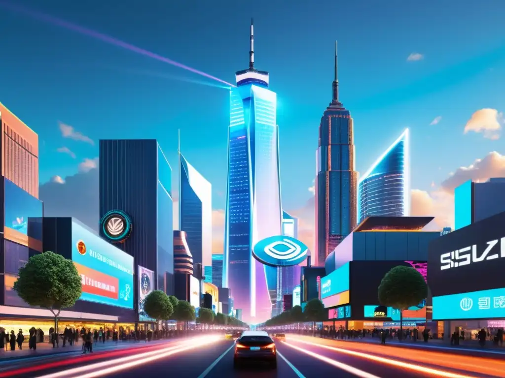 Vista de ciudad futurista con rascacielos y hologramas, simbolizando la protección propiedad intelectual en la realidad mixta