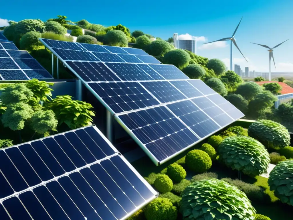 Vista de una ciudad futurista y sostenible con integración de naturaleza, energía solar y eólica, mostrando patentes adaptación cambio climático