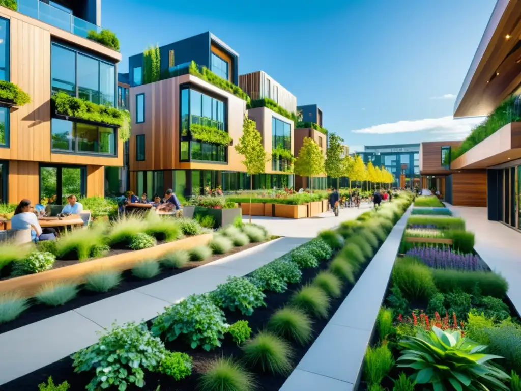 Vista de la ciudad moderna con arquitectura sostenible y espacios verdes integrados, reflejando la gestión integral de marcas sostenibles