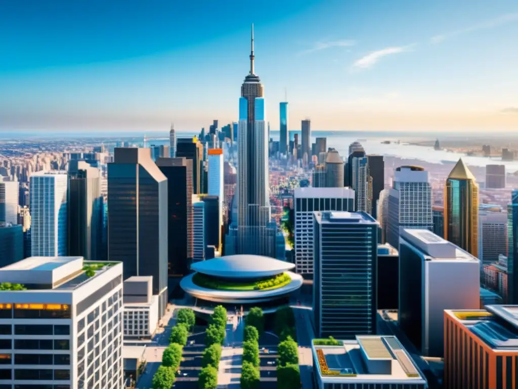 Vista de la ciudad moderna con rascacielos altos y un ambiente vibrante y lleno de energía