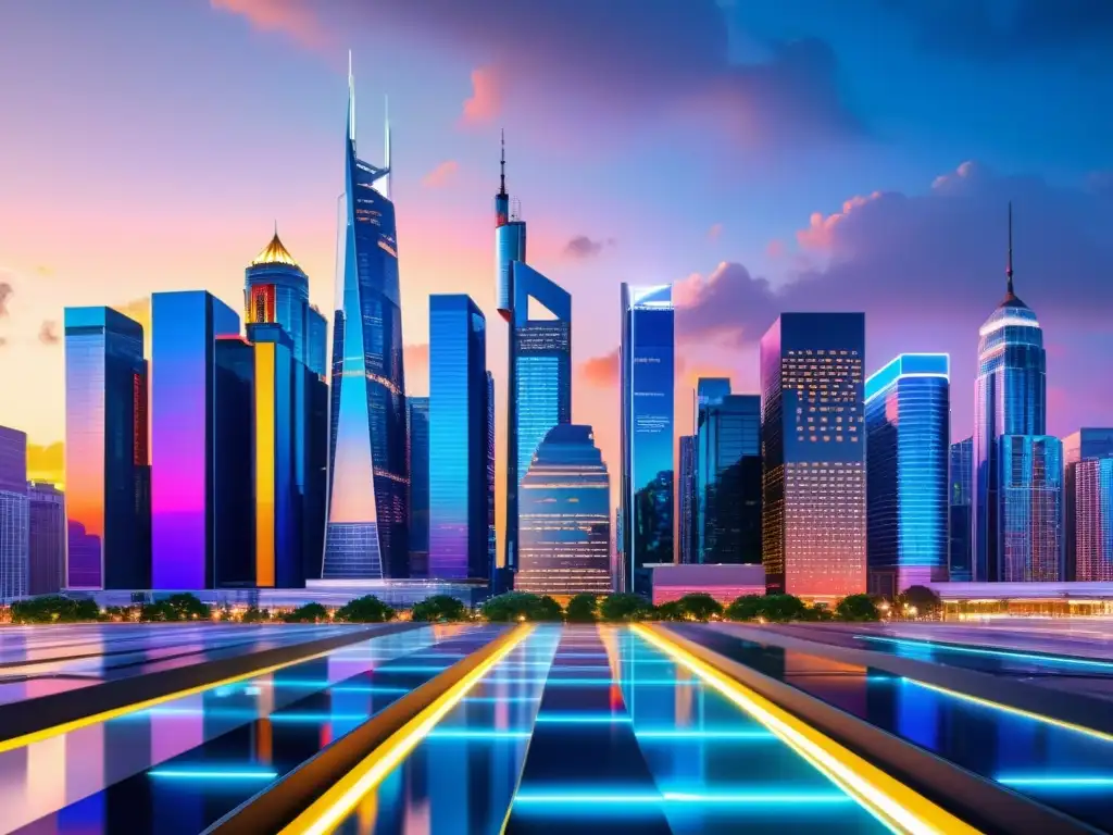 Vista de la ciudad moderna al anochecer, con rascacielos iluminados y redes de datos brillantes, simbolizando el resguardo de marca en digital