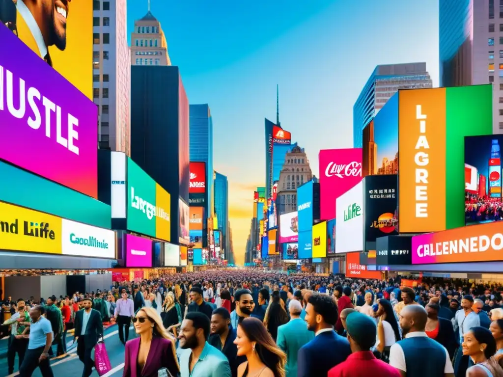 Vista colorida de una concurrida calle de la ciudad, con vallas publicitarias de marcas de celebridades