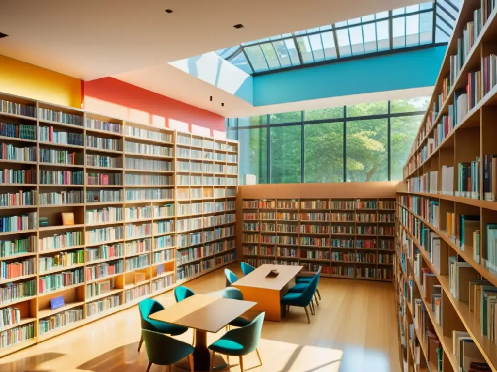 Vista detallada de una biblioteca moderna llena de estantes con libros coloridos