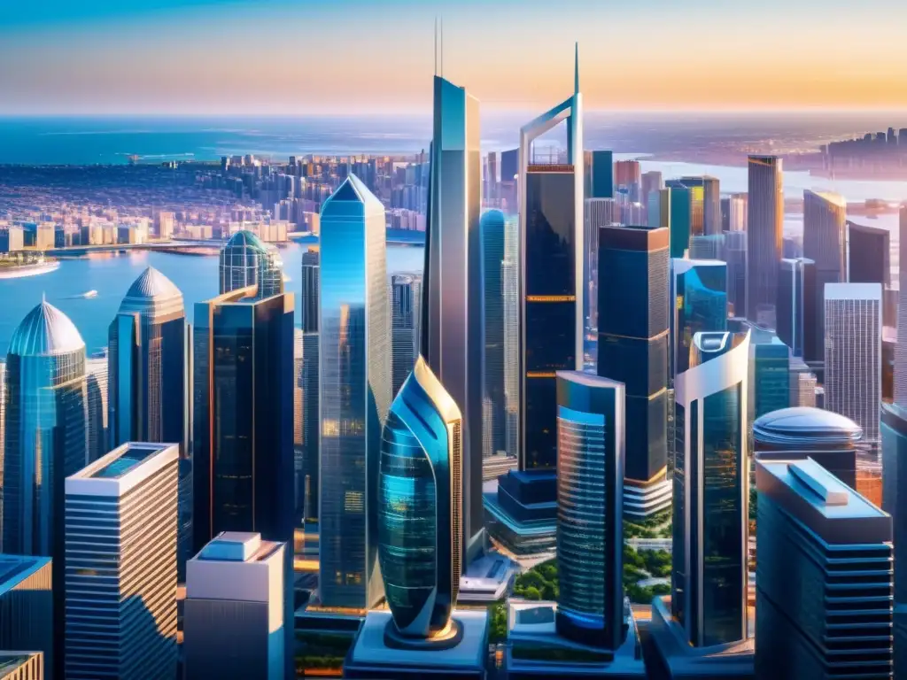 Vista detallada de una ciudad futurista con rascacielos modernos y tecnológicos, reflejando la innovación financiera en Fintech