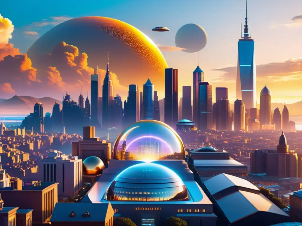 Vista detallada de una ciudad futurista bañada en cálido atardecer dorado, mostrando la integración de la propiedad intelectual en la era digital