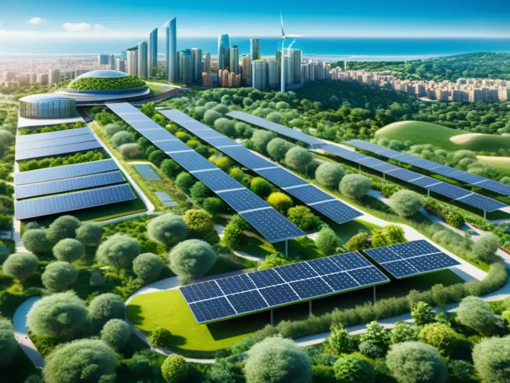 Vista detallada de una ciudad futurista con arquitectura verde y energías renovables, integradas en un entorno armonioso