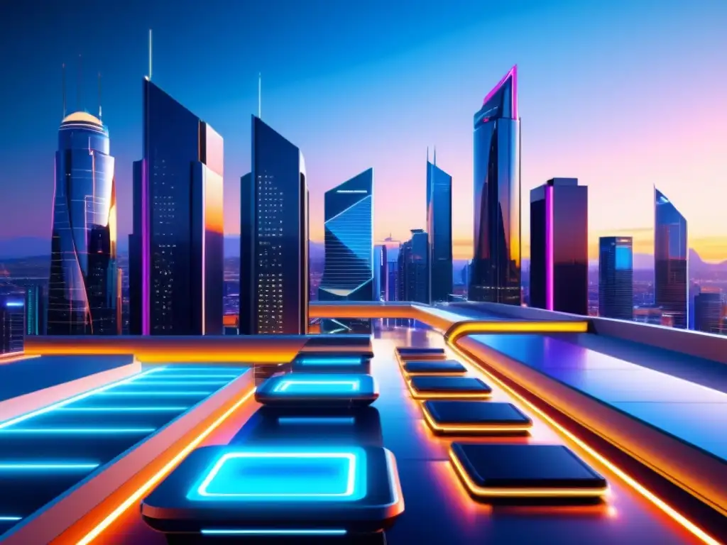 Vista detallada de una ciudad futurista en 8k, con edificios interconectados y tecnología avanzada