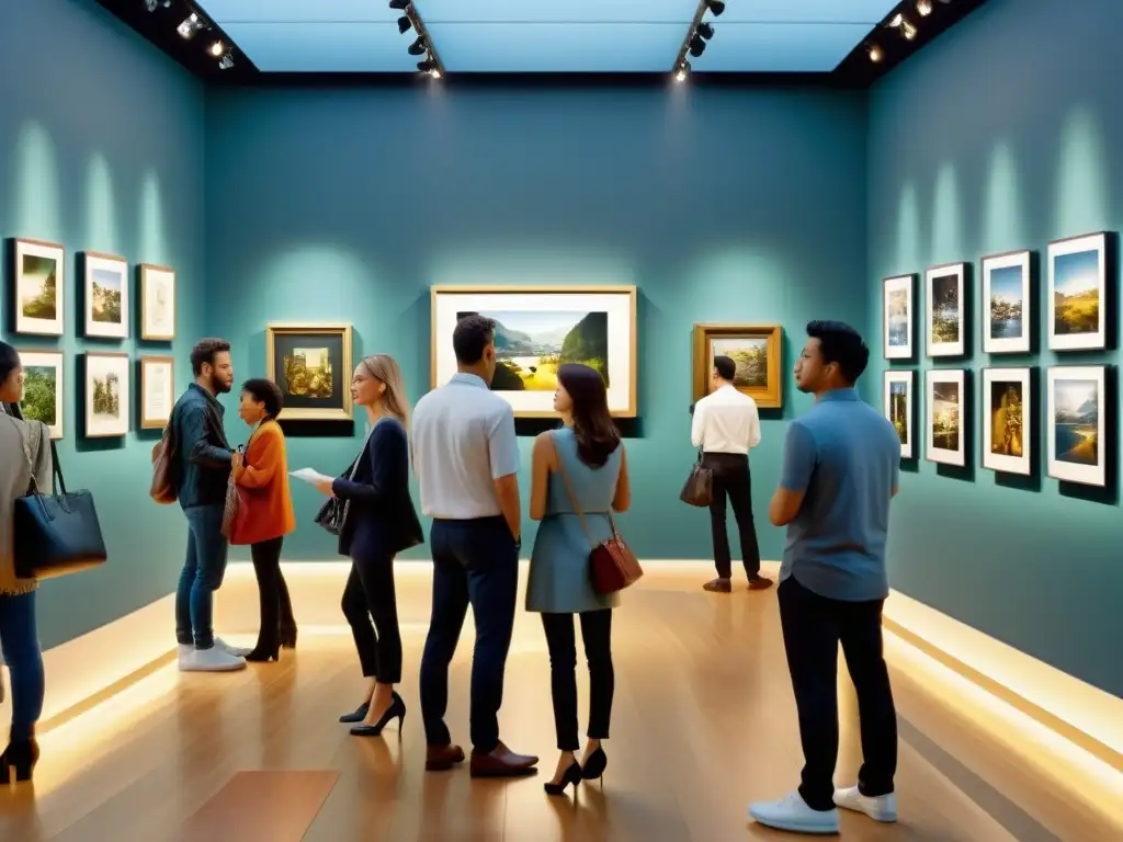 Vista detallada de una concurrida exposición de arte, con reflejos y luces que realzan la escena