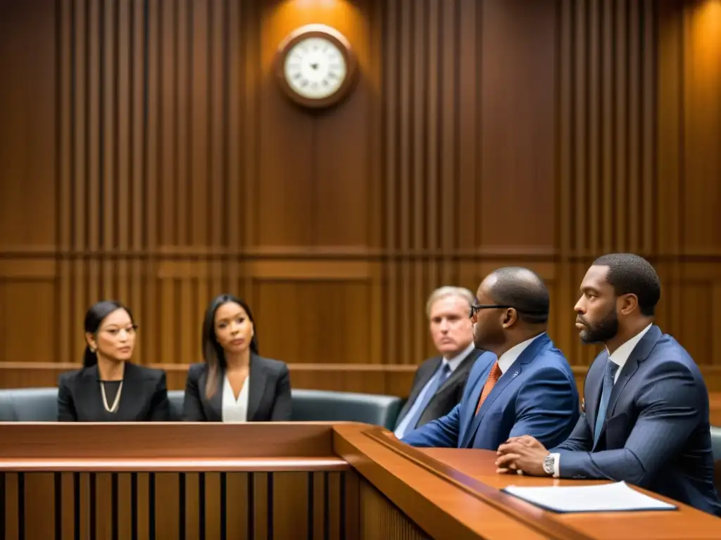 Vista detallada de una escena en la sala del tribunal, con abogados, juez y testigos expresando intensidad