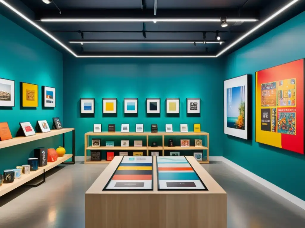 Vista detallada de una galería de arte contemporáneo con mercancía con licencia de obras artísticas en 8k
