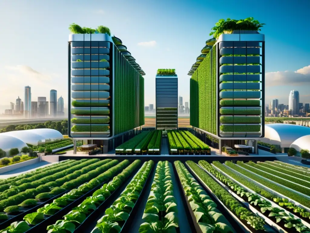 Vista detallada de una instalación de agricultura urbana futurista con torres de cultivo vertical y tecnología patentada