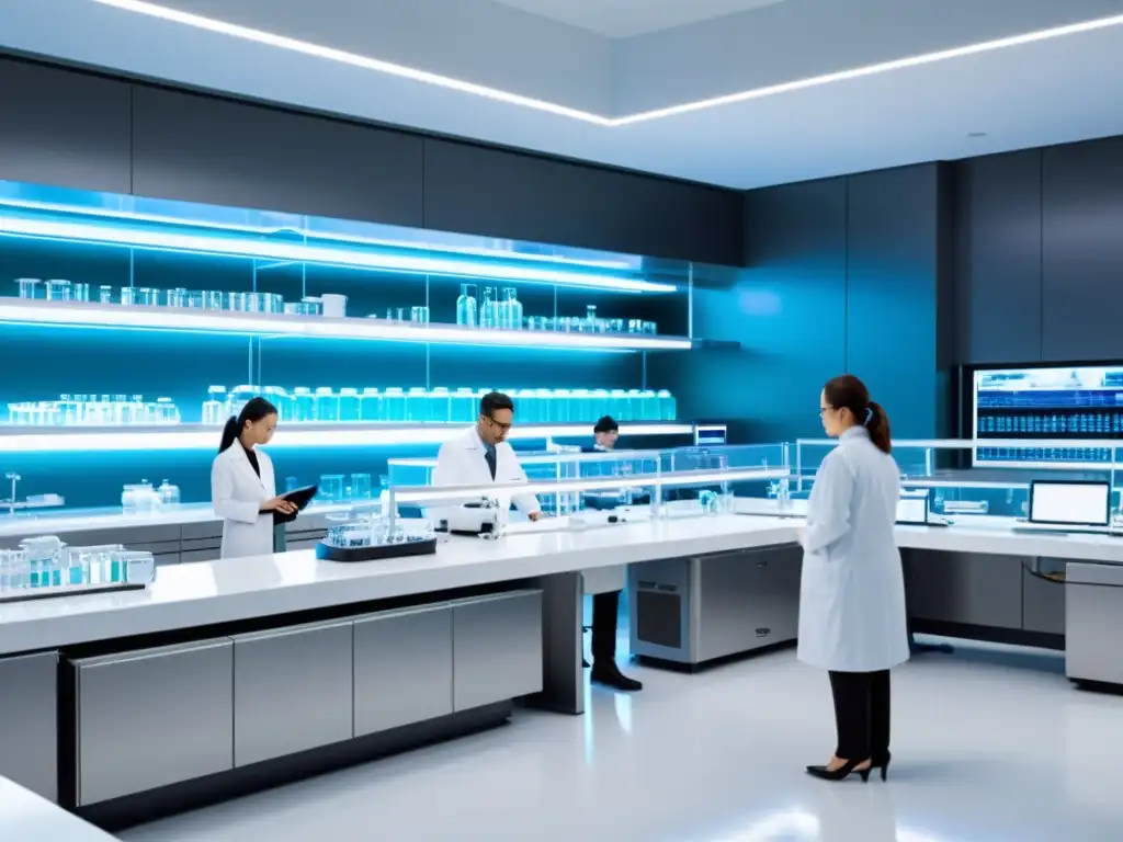 Vista detallada de un laboratorio farmacéutico futurista, con tecnología de vanguardia y un ambiente de innovación