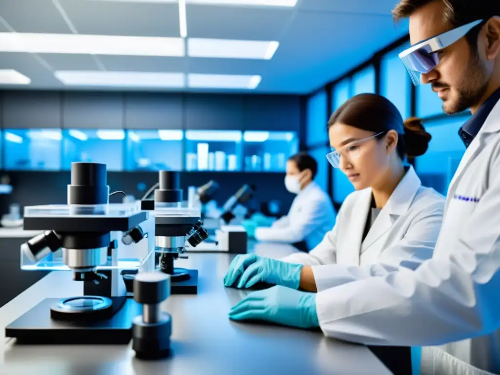 Vista detallada de un laboratorio de nanotecnología, científicos manipulan materiales bajo microscopios de alta tecnología, transmitiendo innovación y avance científico en el impacto de la nanotecnología en la propiedad intelectual