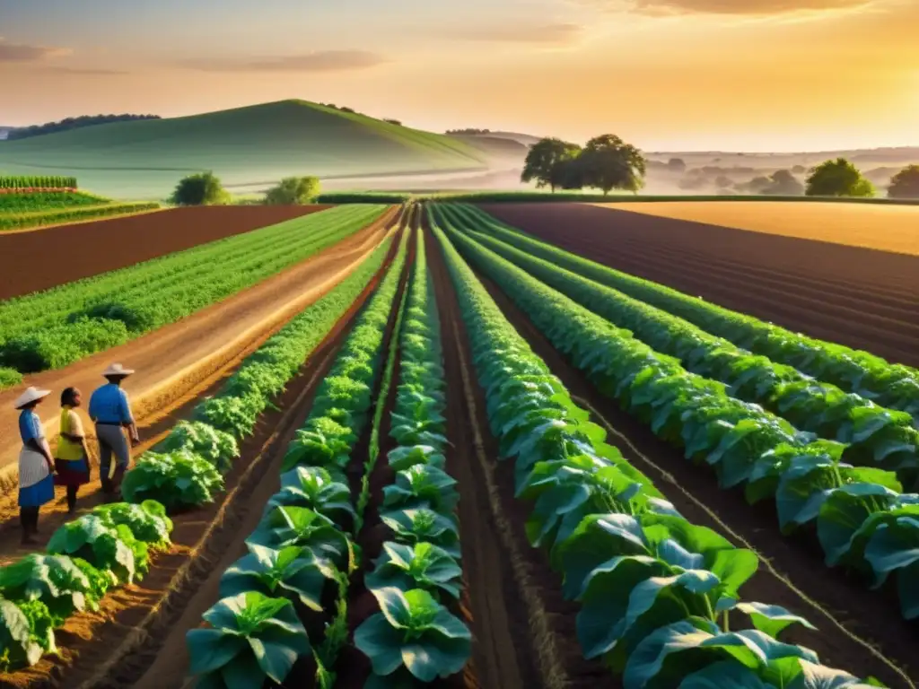 Vista detallada de un próspero paisaje agrícola con agricultores discutiendo animadamente al atardecer