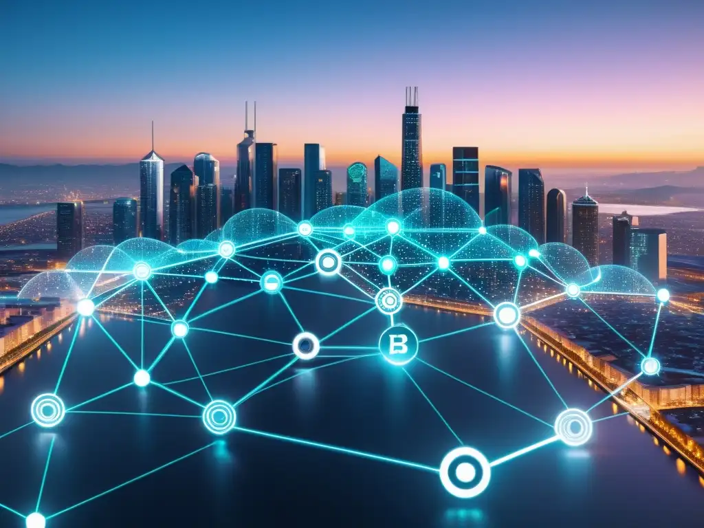 Vista detallada de una red blockchain sobre ciudad futurista al anochecer, conectando nodos brillantes con símbolos de propiedad intelectual