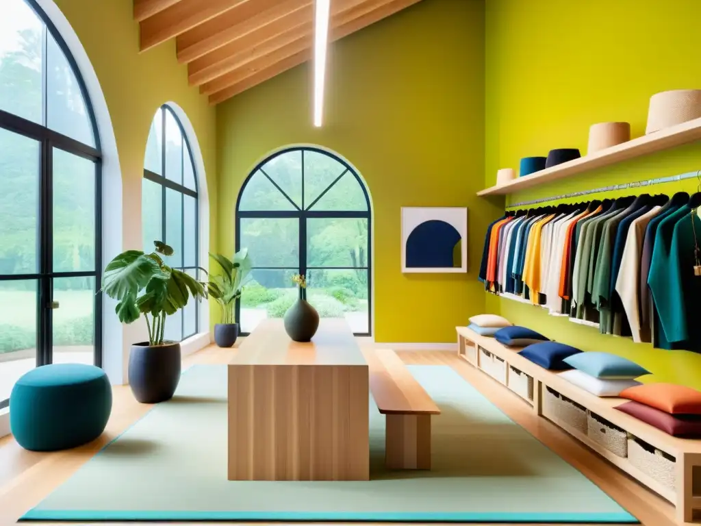 Moda sostenible: Showroom de diseño ecofriendly Vista detallada de la sala de exhibición de una marca de moda sostenible, mostrando prendas ecoamigables en vibrantes colores y materiales sostenibles