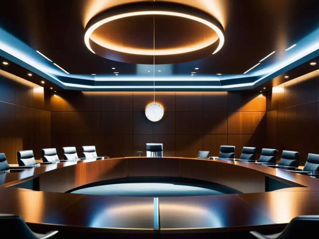 Vista detallada de una sala de tribunal moderna con diseño futurista en un caso de litigio de patentes, abogados y jueces discutiendo con tecnología de vanguardia