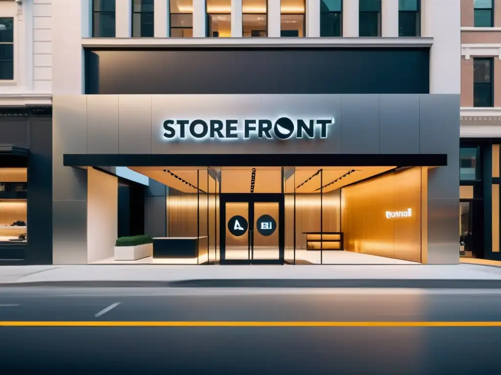 Vista de una elegante fachada con el logo de la marca en una pantalla LED, rodeada de elementos arquitectónicos minimalistas