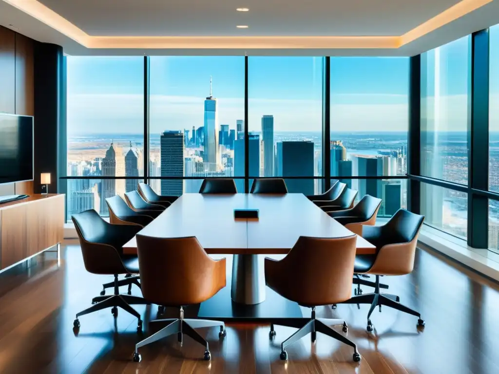 Vista de una elegante sala de conferencias con ventanas de piso a techo que muestran un bullicioso horizonte urbano