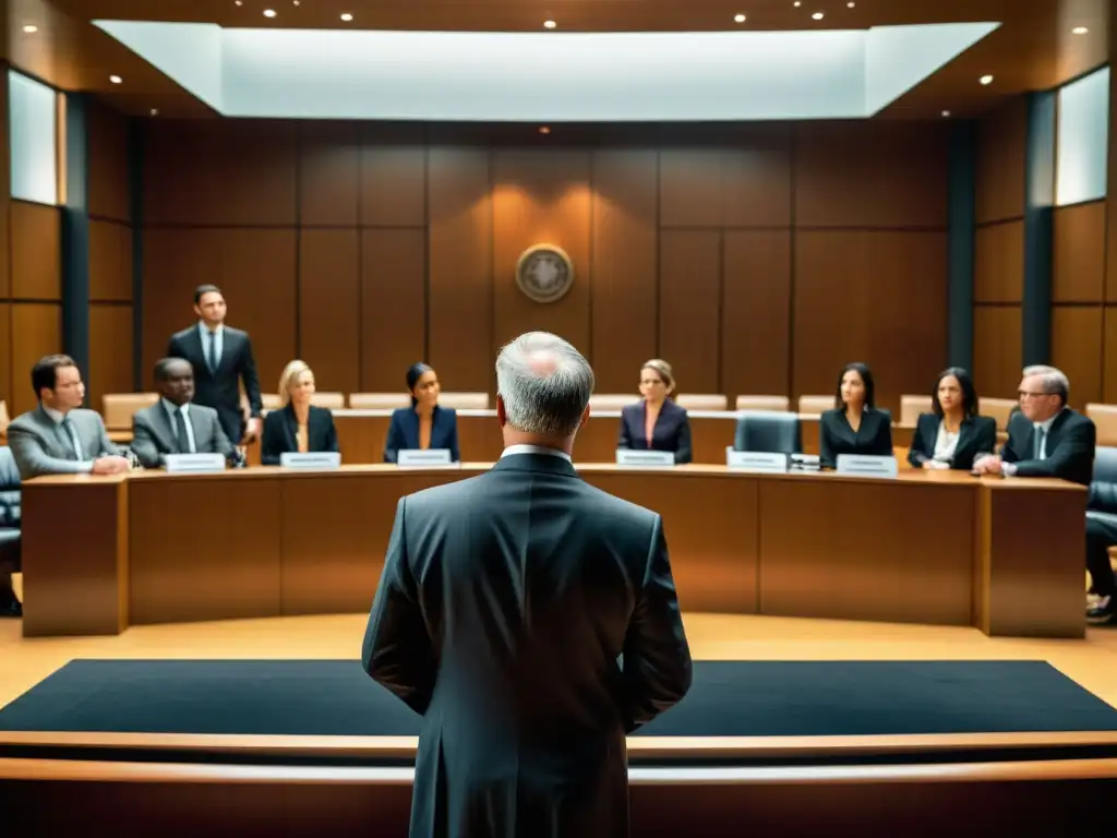 Vista de una escena en la corte con abogados, jueces y pruebas de moda