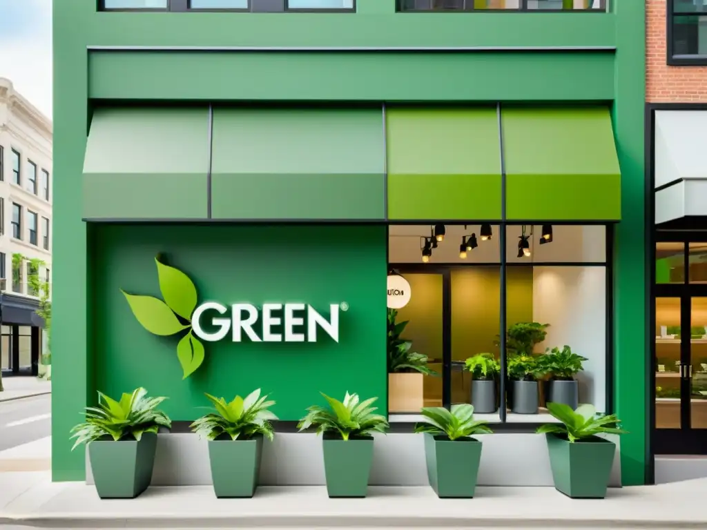 Vista de fachada moderna con logo de marca verde en ventanal, rodeada de plantas exuberantes