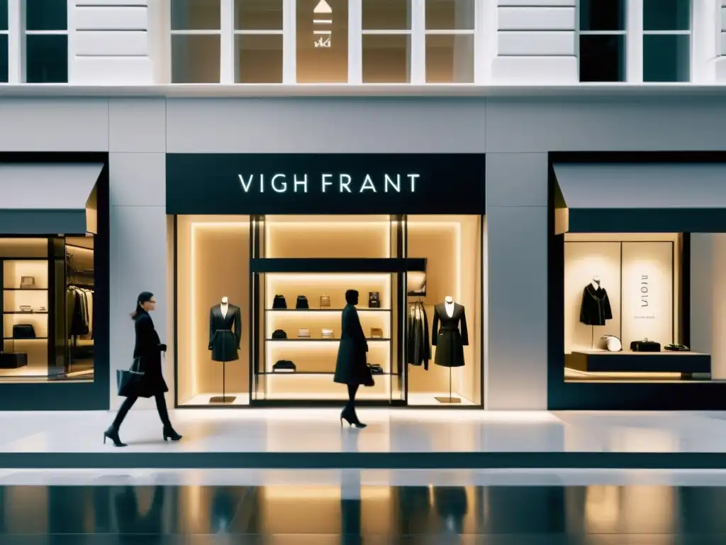Vista de la fachada moderna de una marca de moda de alta gama, con escaparates minimalistas que muestran su última colección