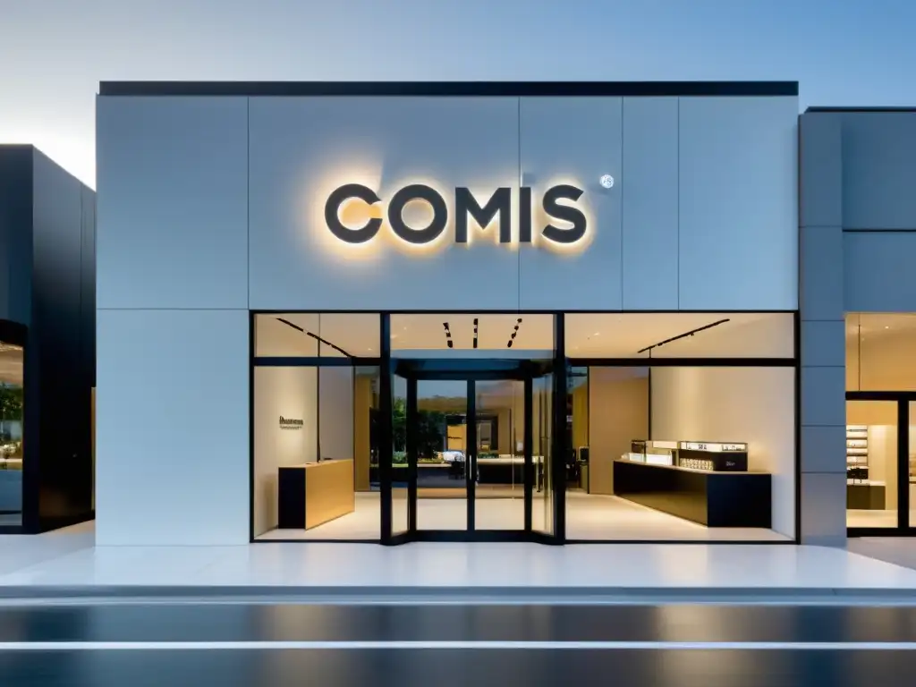 Vista de una fachada moderna y minimalista con un logo impactante que transmite la importancia de una marca sólida en el mercado virtual