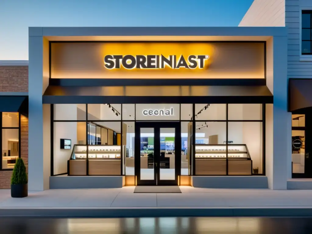 Vista de la fachada moderna de una tienda con un logo minimalista