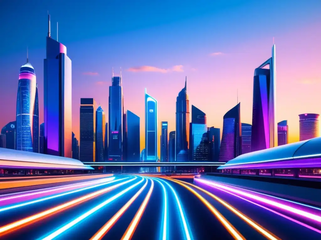 Vista futurista de una ciudad al atardecer con rascacielos reflectantes, autos voladores y letreros de neón