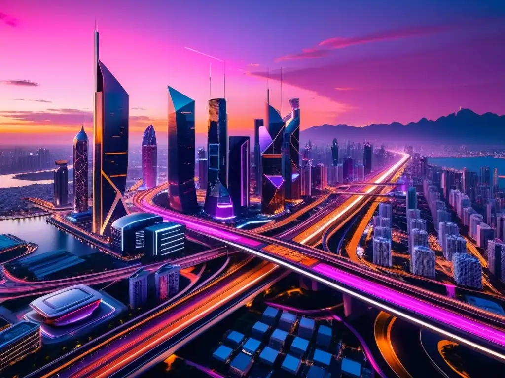 Vista futurista de una ciudad al atardecer, con rascacielos reflejando tonos cálidos del cielo