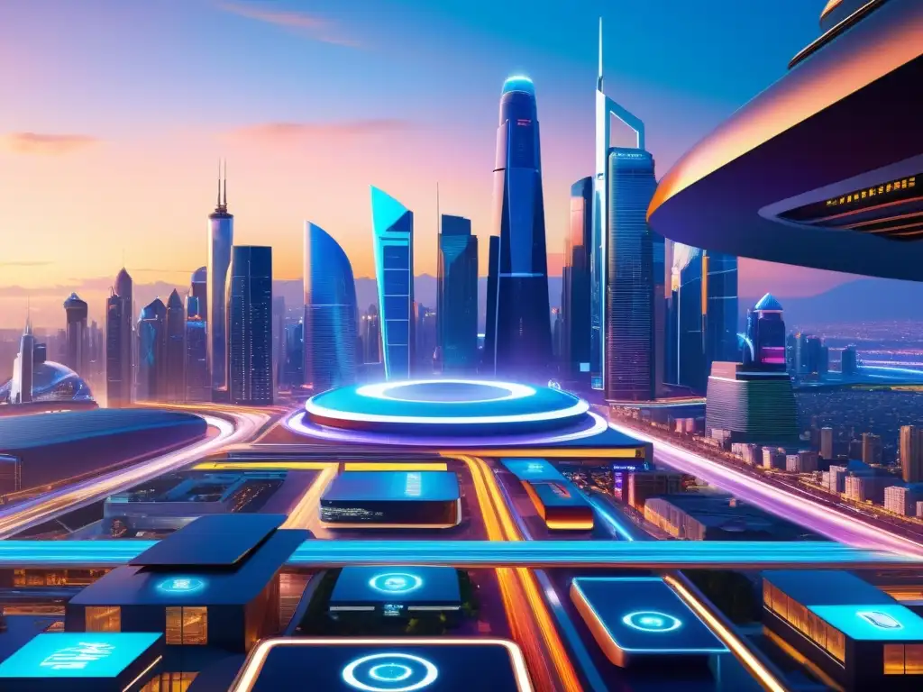 Vista futurista de la ciudad al atardecer con hologramas y transporte avanzado, reflejando el avance de la legislación en marcas comercio electrónico