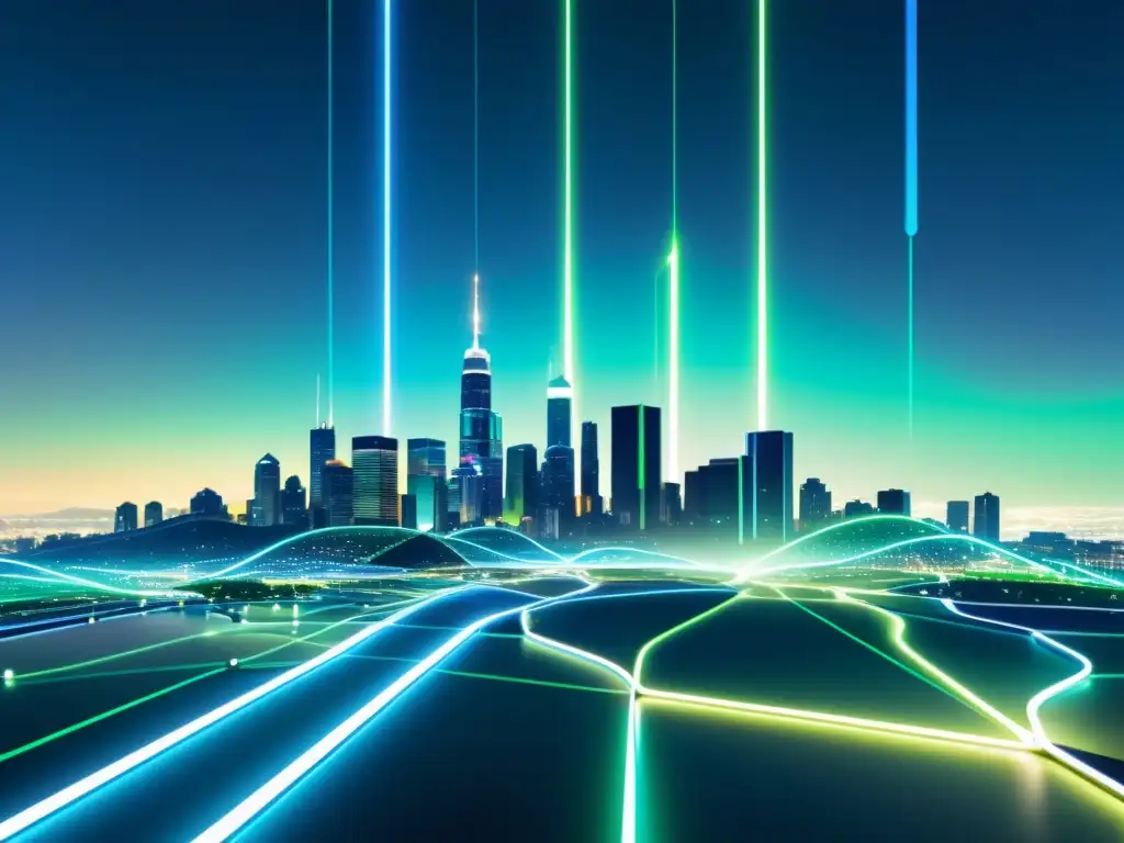 Vista futurista de la ciudad con datos fluyendo en tubos transparentes