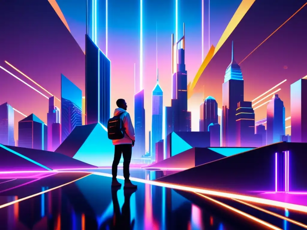 Vista futurista de una ciudad digital con edificios geométricos y luces de neón, representando la naturaleza vanguardista del arte digital y los Acuerdos de confidencialidad arte digital