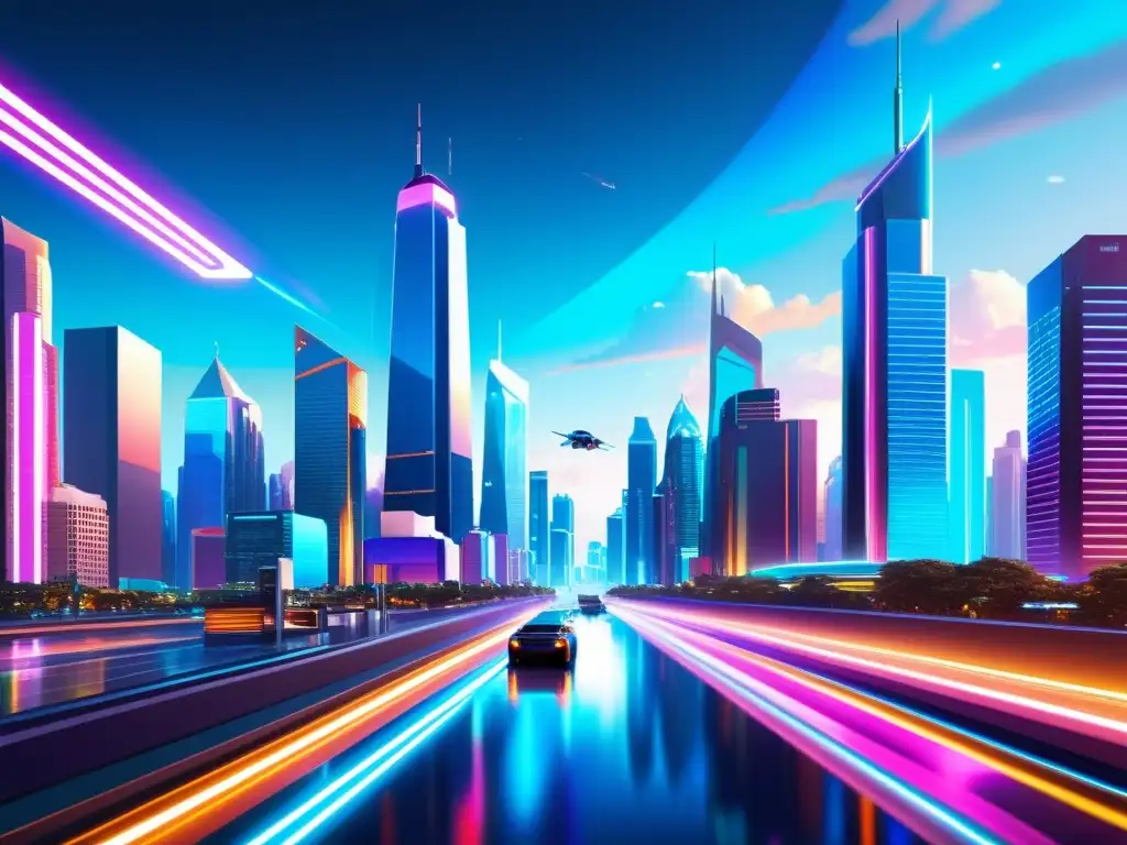 Vista futurista de una ciudad digital con hologramas y luces neón