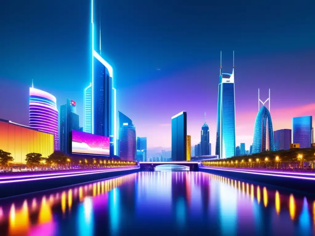 Vista futurista de una ciudad digital con rascacielos y luces de neón, reflejándose en un río brillante