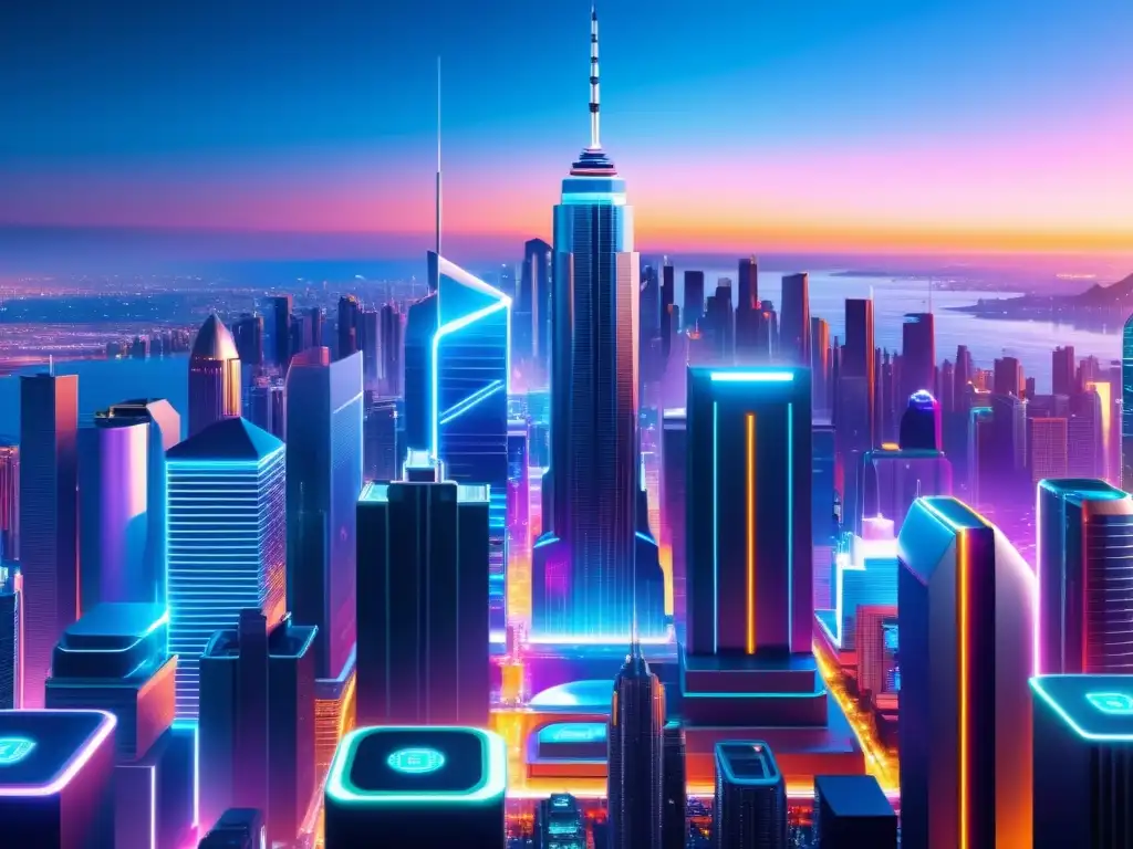 Vista futurista de una ciudad digital en 8k con rascacielos modernos y luces de neón, representa el litigio de patentes en la era digital