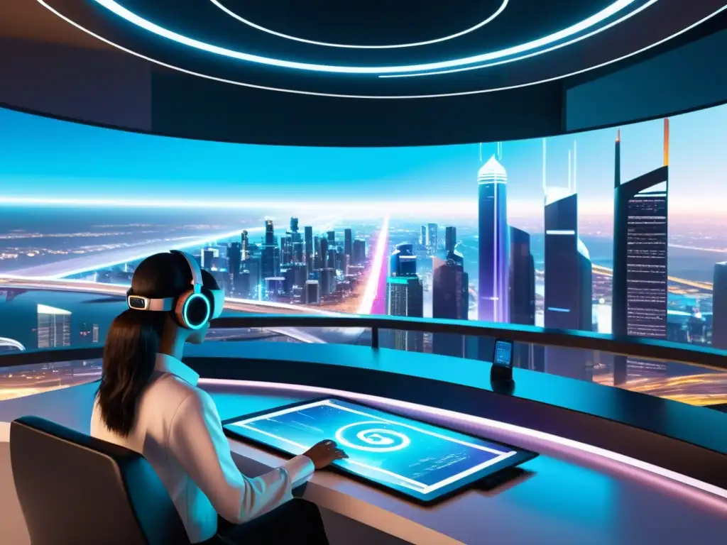 Vista futurista de una ciudad digital, con rascacielos, carreteras iluminadas y hologramas de símbolos de copyright