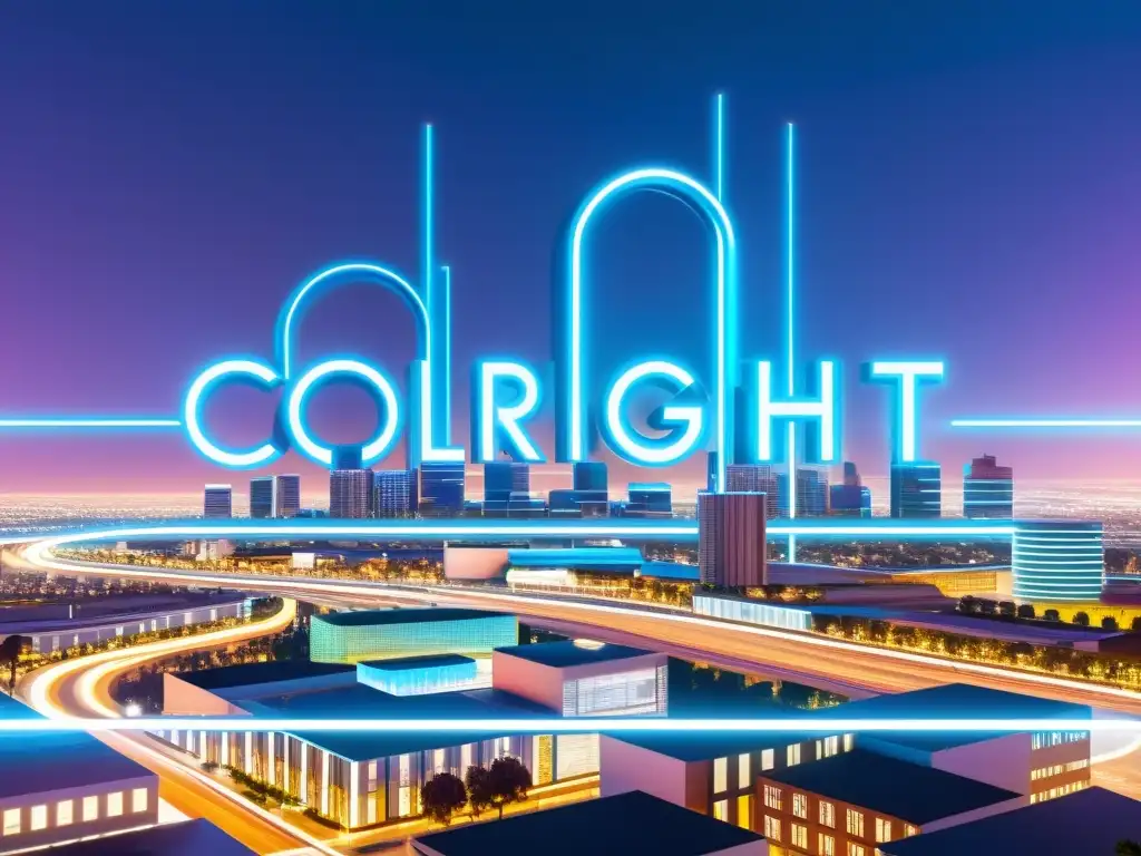 Vista futurista de una ciudad digital con símbolos de copyright holográficos, creadores de contenido innovando
