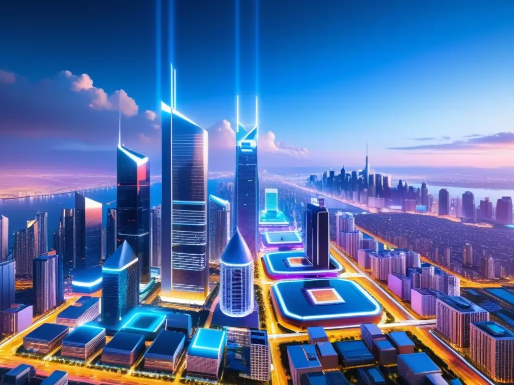 Vista futurista de la ciudad digital con rascacielos y luces de neón, simbolizando la complejidad de los monopolios en la Era Digital
