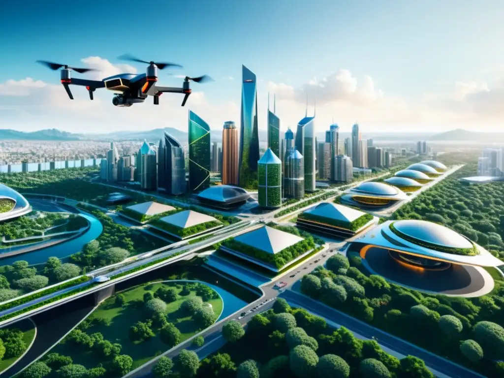 Vista futurista de una ciudad con drones y vehículos voladores