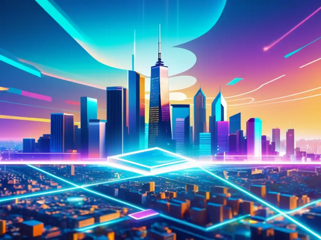 Vista futurista de ciudad con edificios blockchain y símbolos holográficos sobre contenido creativo