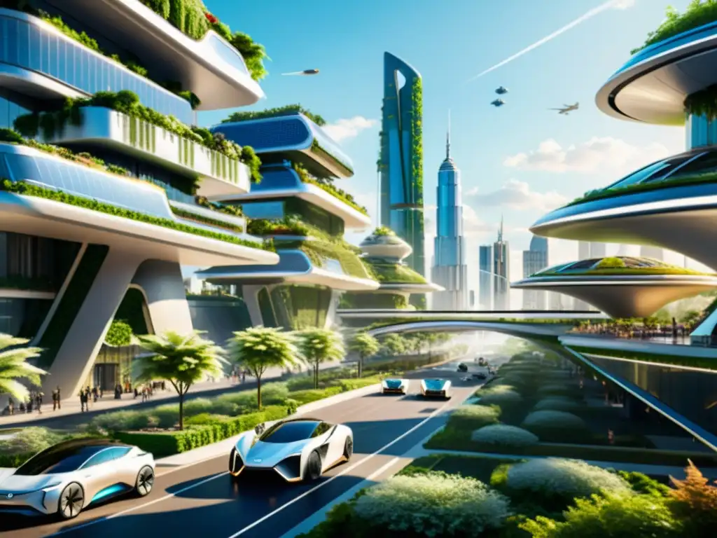 Vista futurista de la ciudad con edificios modernos y elementos sostenibles, reflejando los desafíos de la gobernanza global en propiedad intelectual