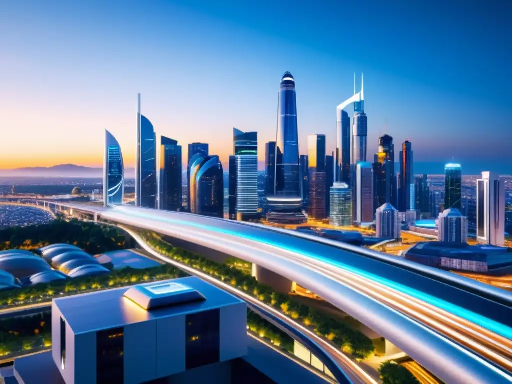 Vista futurista de la ciudad con edificios modernos y sistemas de automatización avanzados
