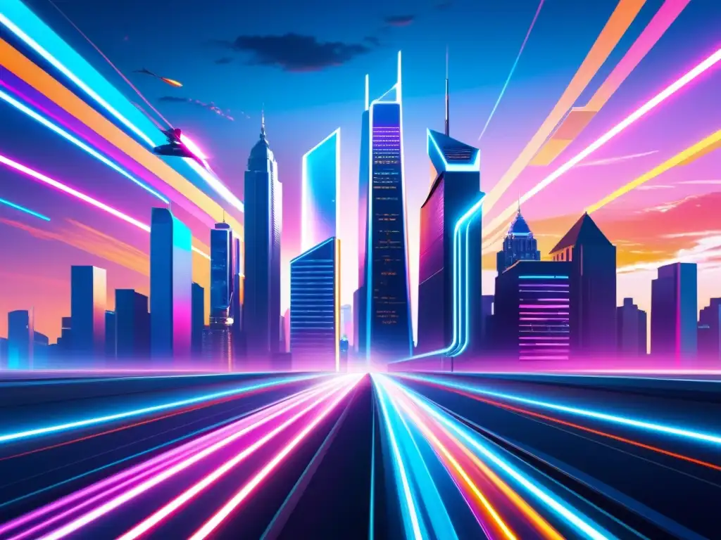Vista futurista de una ciudad con edificios geométricos iluminados por luces neón, reflejando movimiento y energía