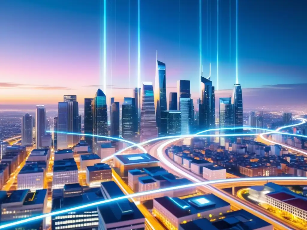 Vista futurista de la ciudad con flujos de datos y moderna arquitectura, simbolizando la intersección de Open Data, propiedad intelectual y tecnología