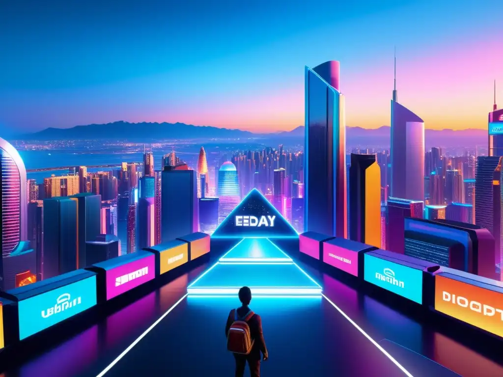 Metrópolis futurista con realidad virtual y tecnología Vista futurista de la ciudad con hologramas y luces de neón, respetando propiedad intelectual entretenimiento digital
