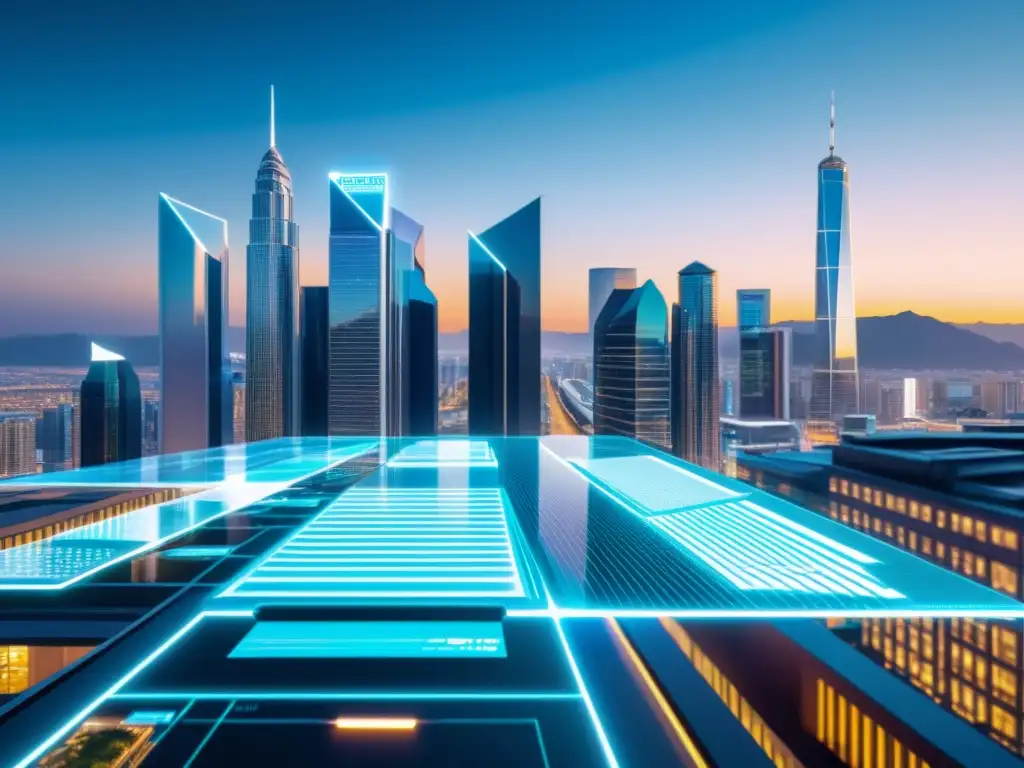 Vista futurista de una ciudad con hologramas de documentos legales en realidad aumentada, reflejando innovación y Ética en propiedad intelectual